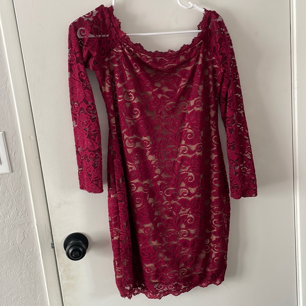 Off the shoulder lace dress nude slip underneath